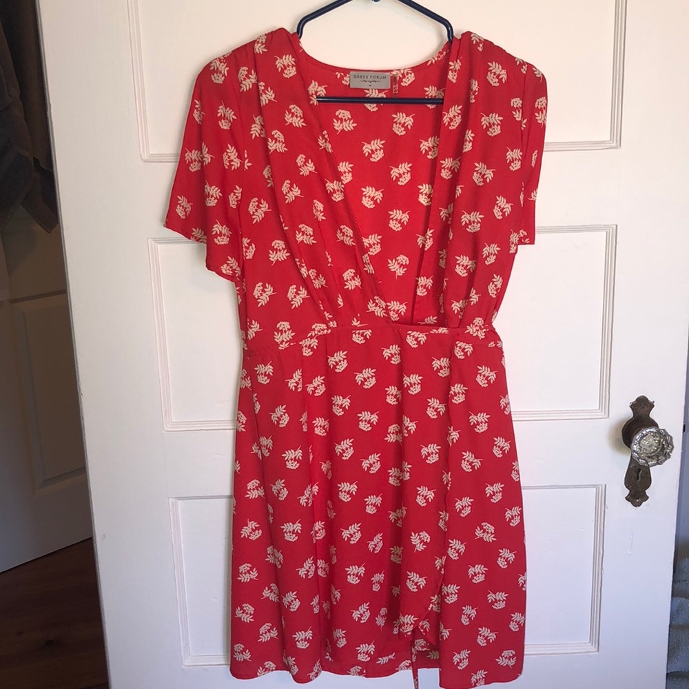 Red & Tan Floral Mini Wrap Dress